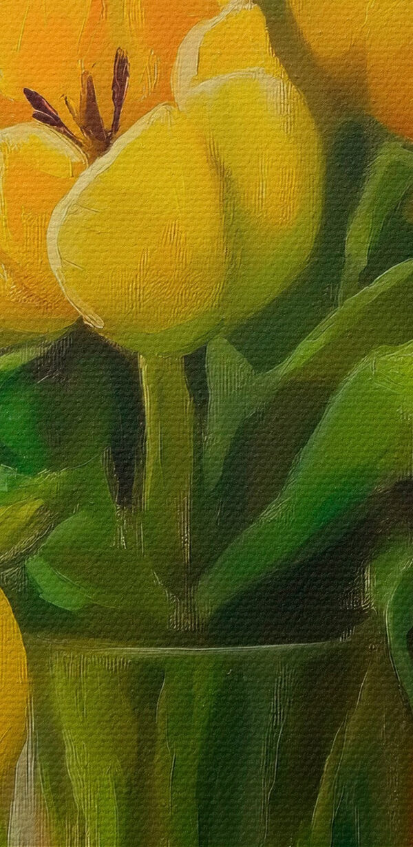 Painting of yellow tulips in a glass vase
