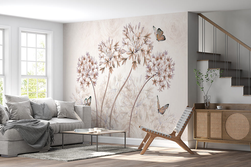 A painting of flowers and butterflies