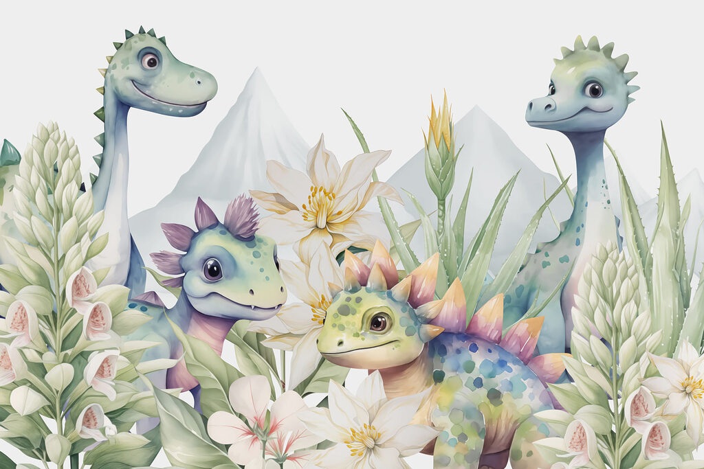 Grupo de dinosaurios rodeados de flores Grupo de dinosaurios rodeados de flores