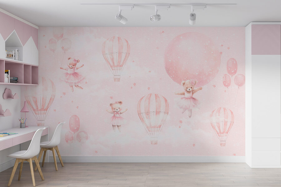 Fondo rosa con ositos de peluche y globos aerostáticos