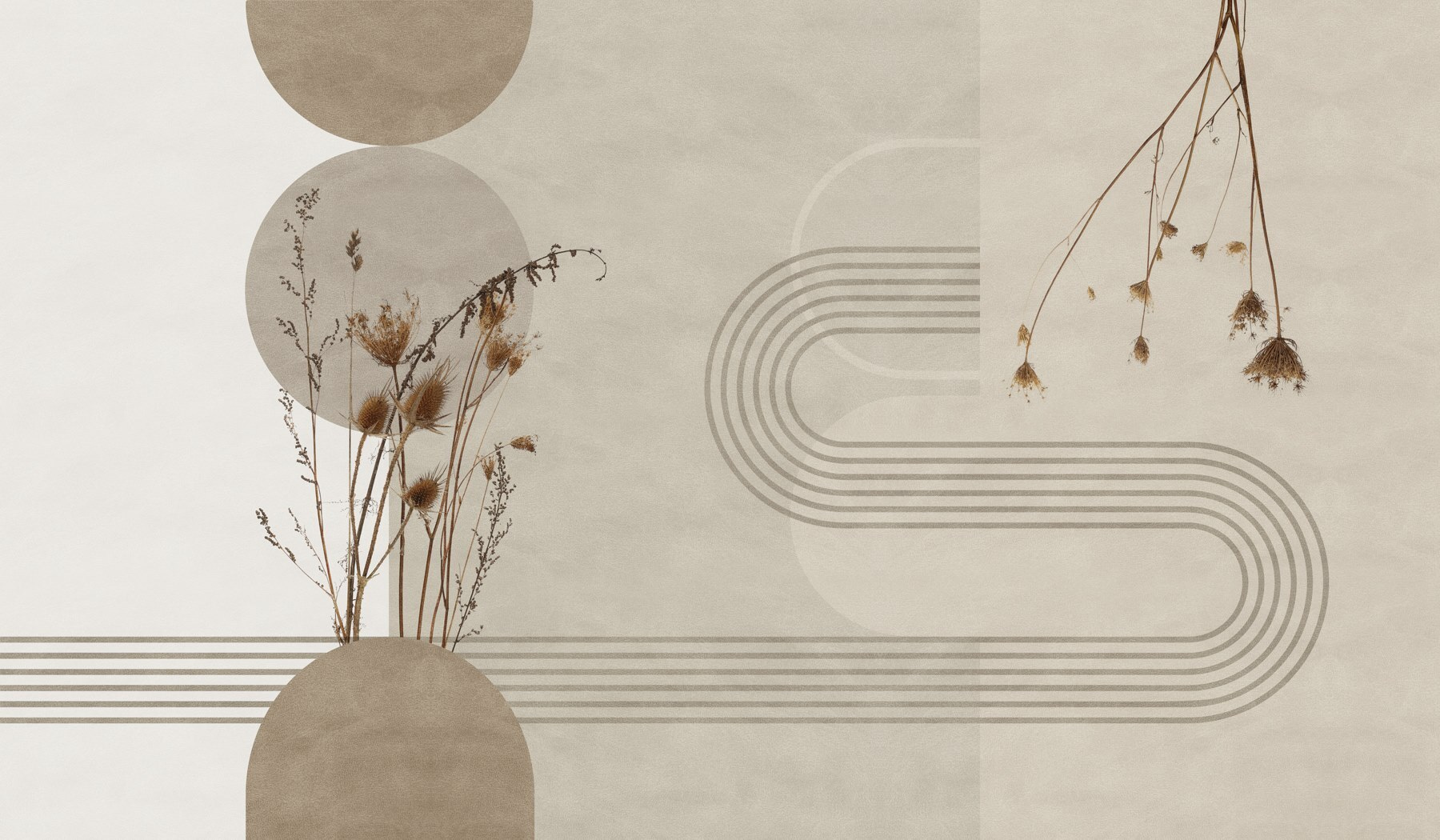 Brown and white background with brown and white circles and plants