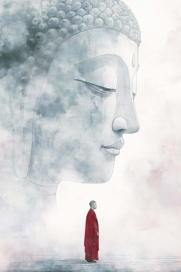 Man standing in front of a large face Man standing in front of a large face