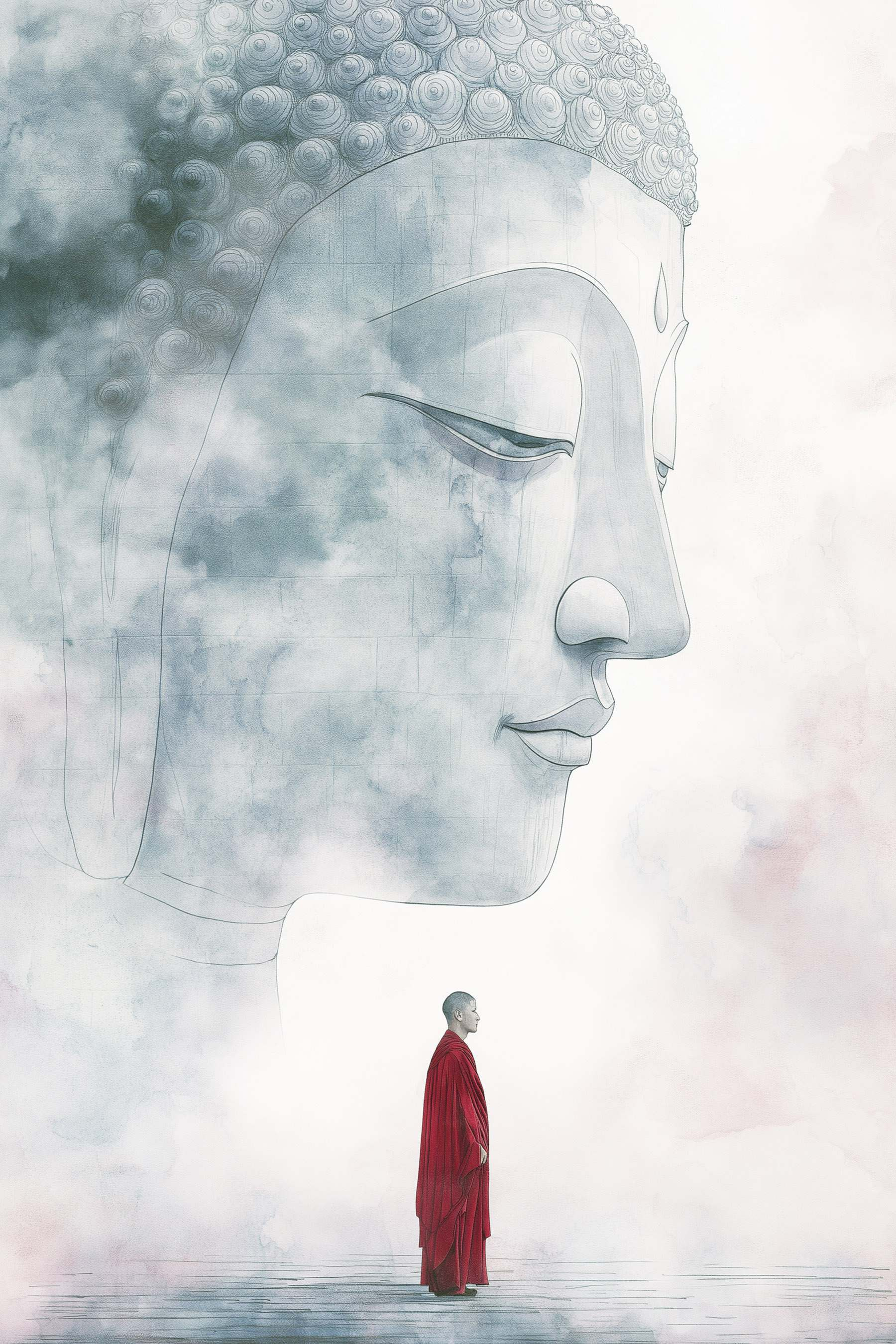 Man standing in front of a large face Man standing in front of a large face