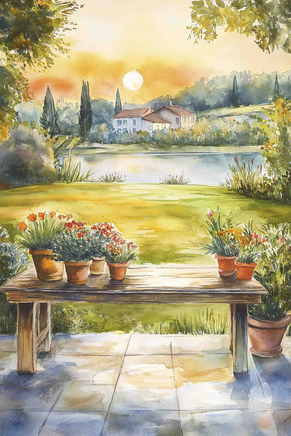 Watercolor painting of a table with potted plants on it Watercolor painting of a table with potted plants on it