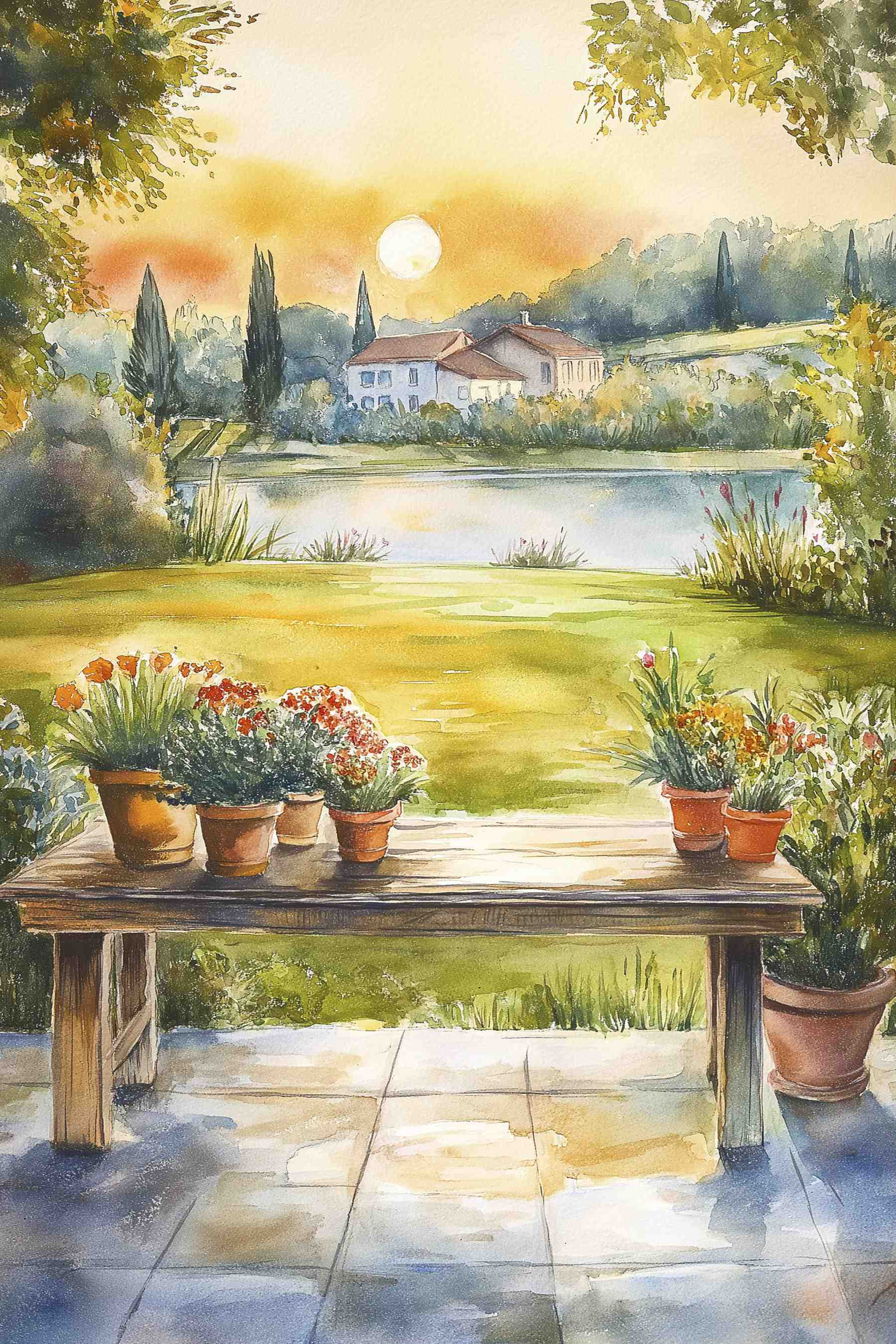 Watercolor painting of a table with potted plants on it Watercolor painting of a table with potted plants on it