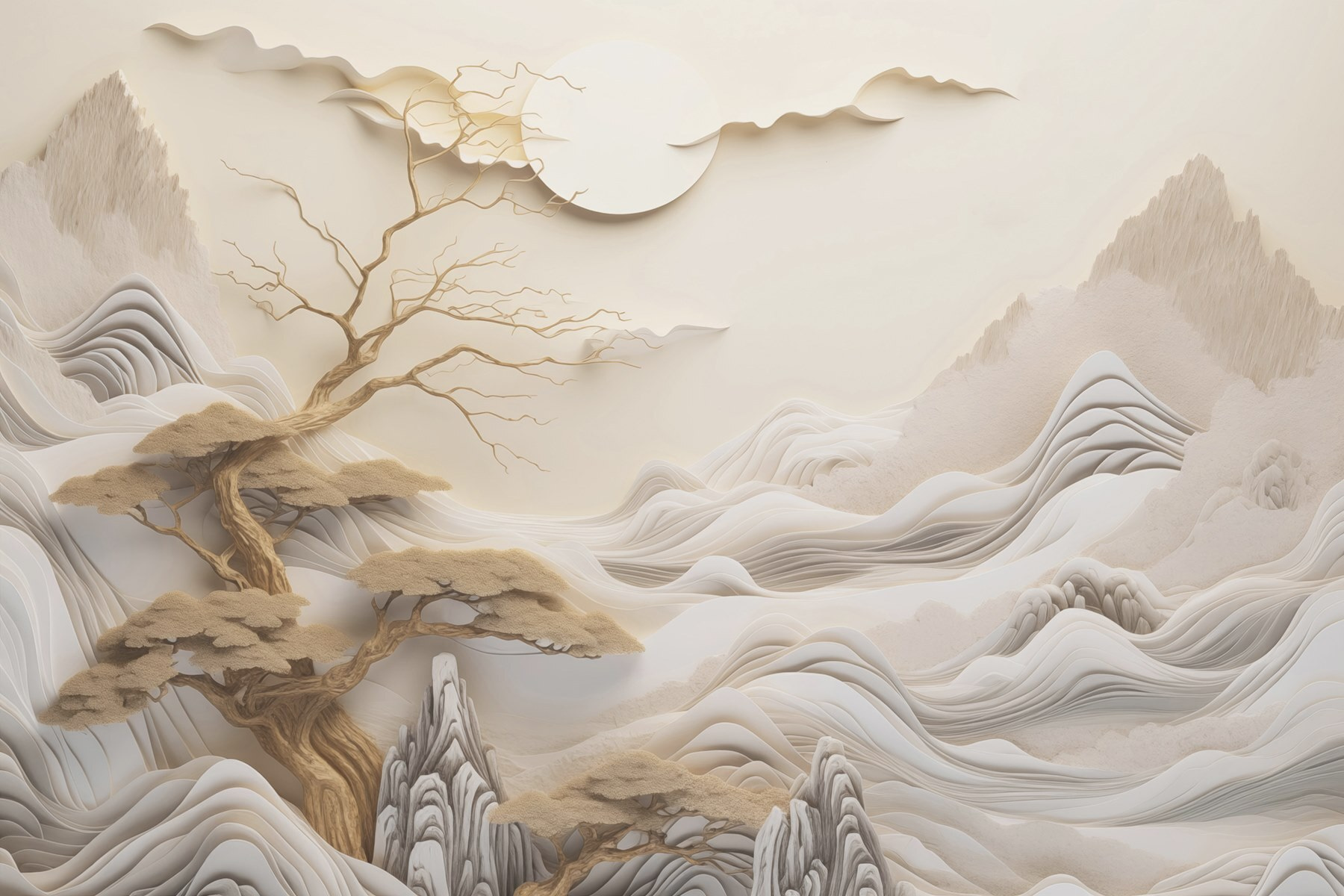 Tree and mountains with clouds and sun Tree and mountains with clouds and sun