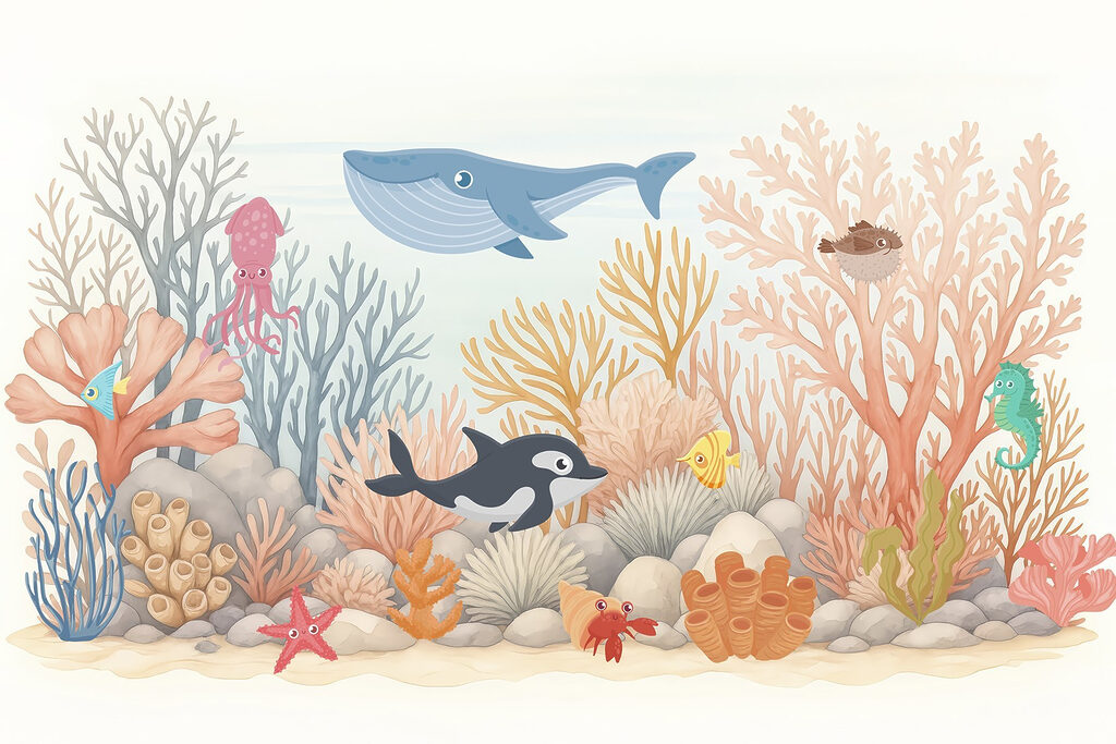 Sea life with corals and fish