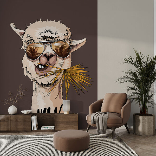 Una llama con gafas de sol y comiendo una hoja de palmera Una llama con gafas de sol y comiendo una hoja de palmera