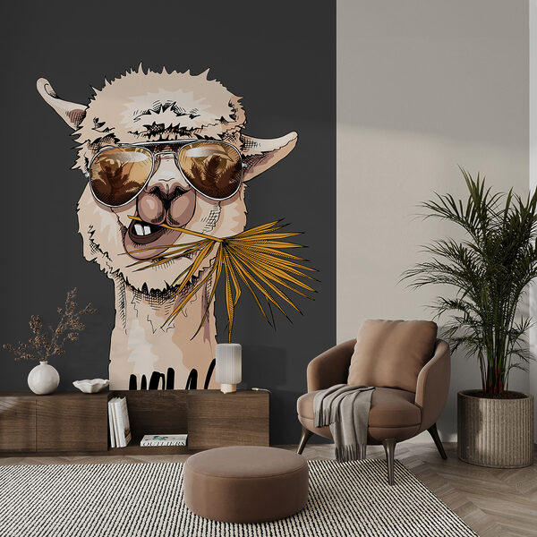 Una llama con gafas de sol y comiendo una hoja Una llama con gafas de sol y comiendo una hoja