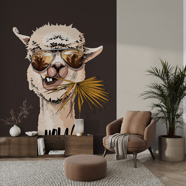 Una llama con gafas de sol y comiendo una hoja Una llama con gafas de sol y comiendo una hoja