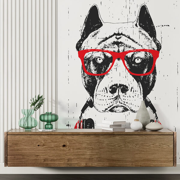 Un perro con gafas y auriculares Un perro con gafas y auriculares