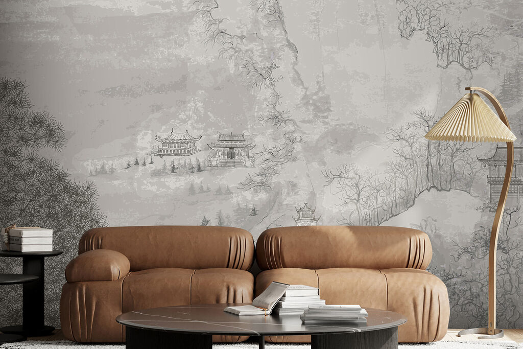 A painting of buildings on a mountain