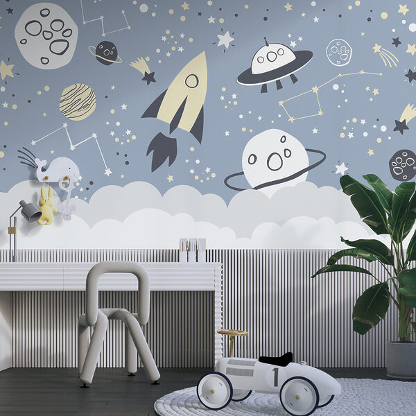 Una escena espacial de dibujos animados con planetas y estrellas Una escena espacial de dibujos animados con planetas y estrellas