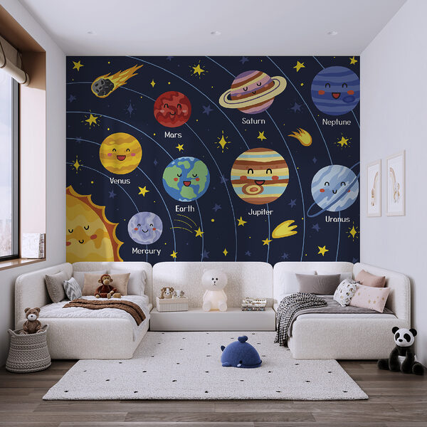 Planetas y estrellas de dibujos animados en el espacio Planetas y estrellas de dibujos animados en el espacio
