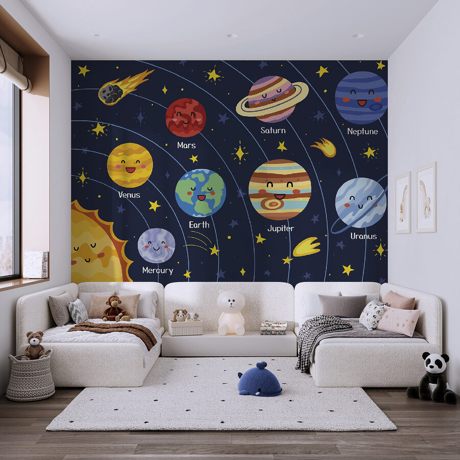 Planetas y estrellas de dibujos animados en el espacio