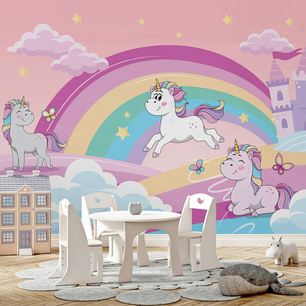 A cartoon unicorns and a rainbow