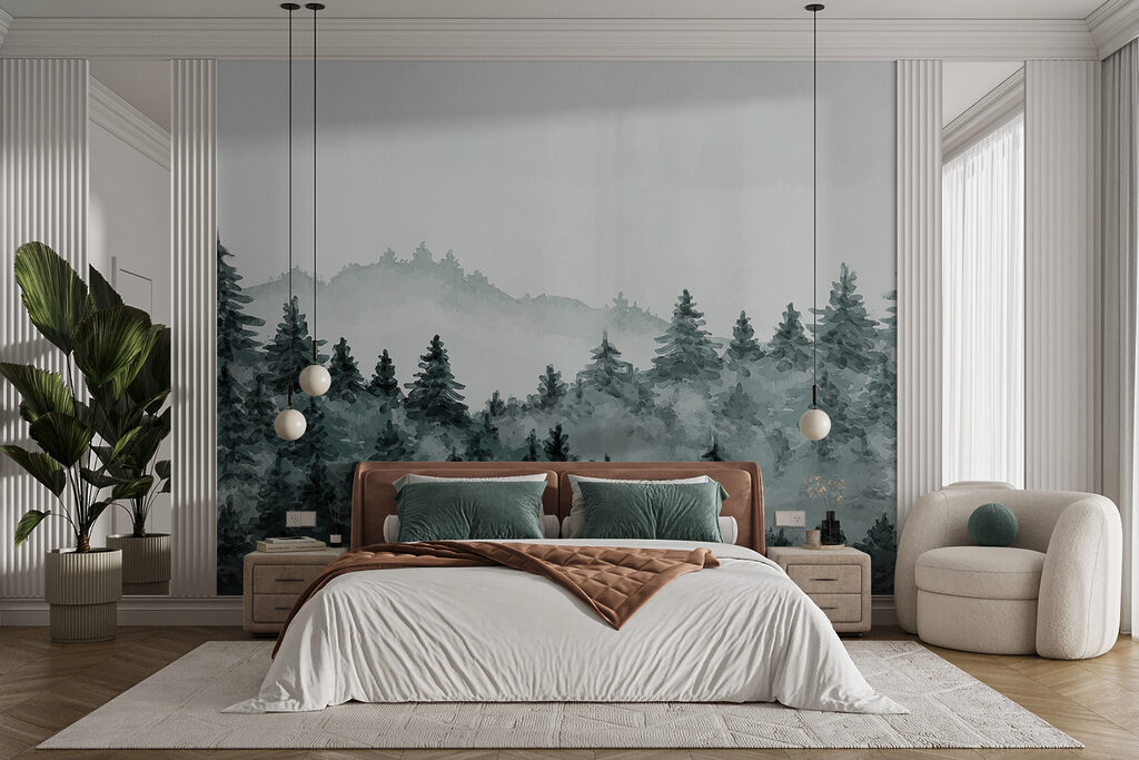 A foggy forest with trees