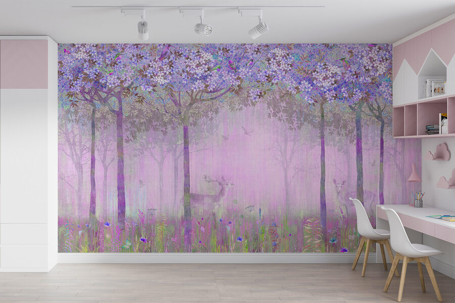 Un cuadro de un bosque con flores