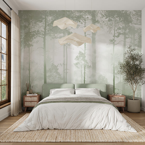 A foggy forest with tall trees