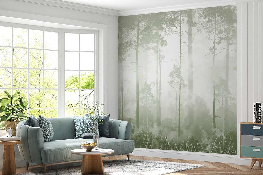 A foggy forest with tall trees