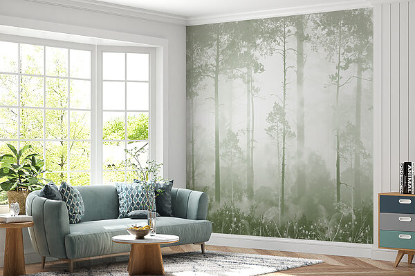 A foggy forest with tall trees