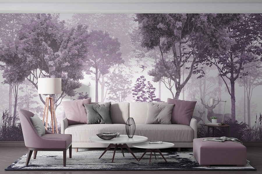Fotomurales Una imagen morada y blanca de árboles y plantas - Imagen 2