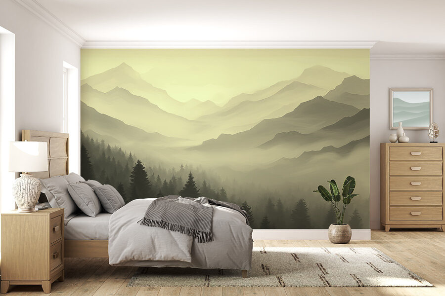 Paisaje montañoso brumoso con árboles