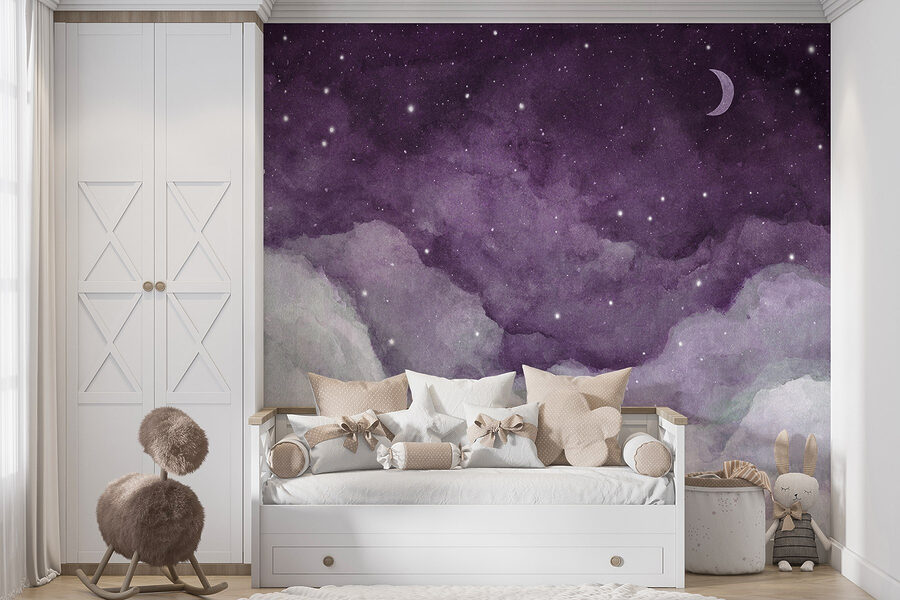 Un cielo púrpura con nubes y estrellas