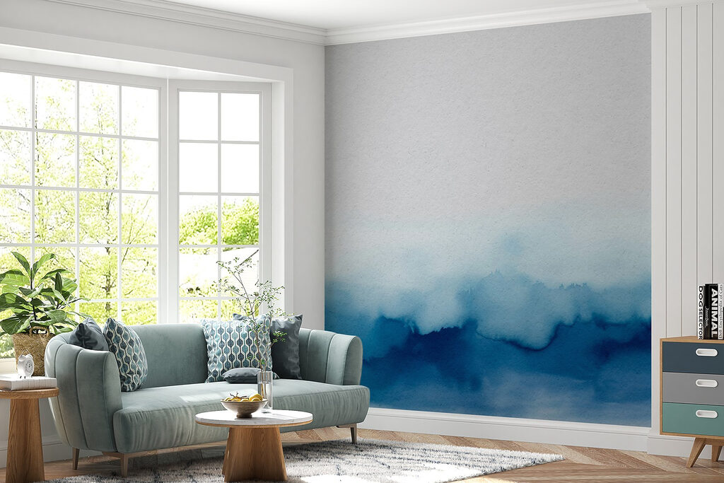 A blue and white watercolor