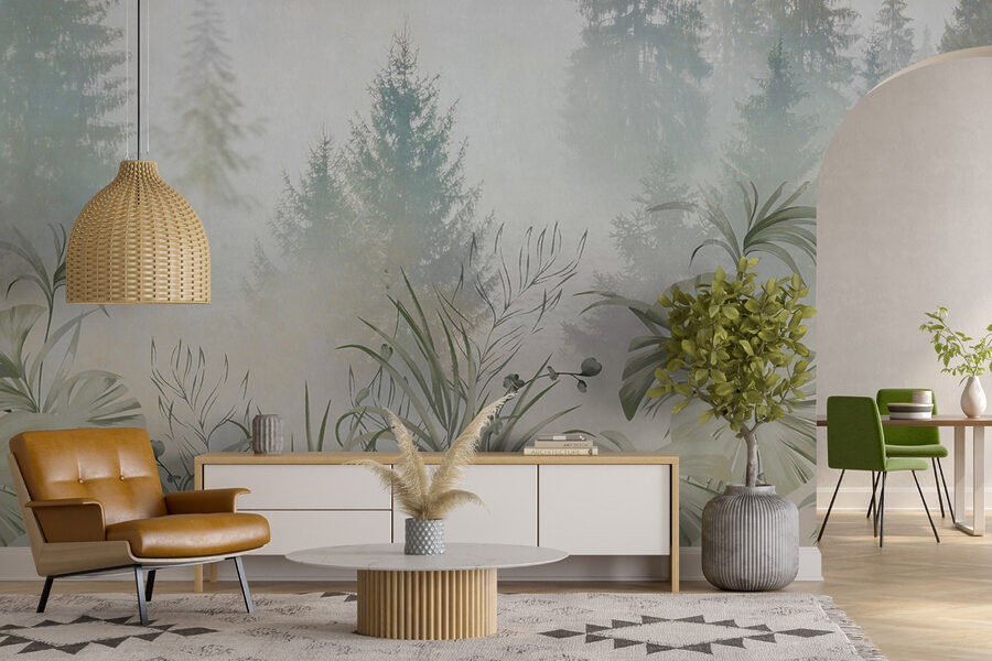 Un bosque brumoso con plantas y árboles