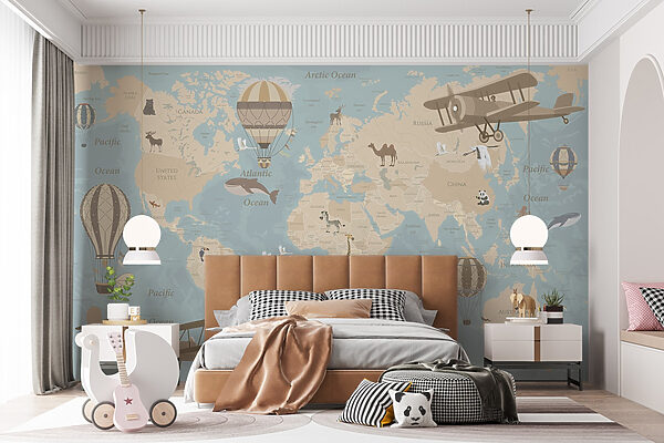 Mapa del mundo con aviones y globos aerostáticos Mapa del mundo con aviones y globos aerostáticos