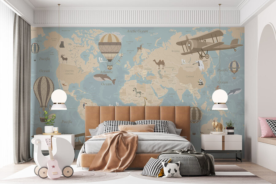 Mapa del mundo con aviones y globos aerostáticos