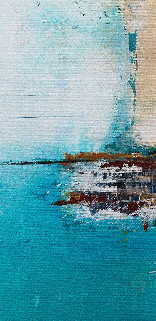 A painting of a blue and white wall