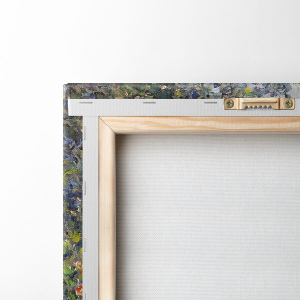 A painting of a garden with flowers and trees