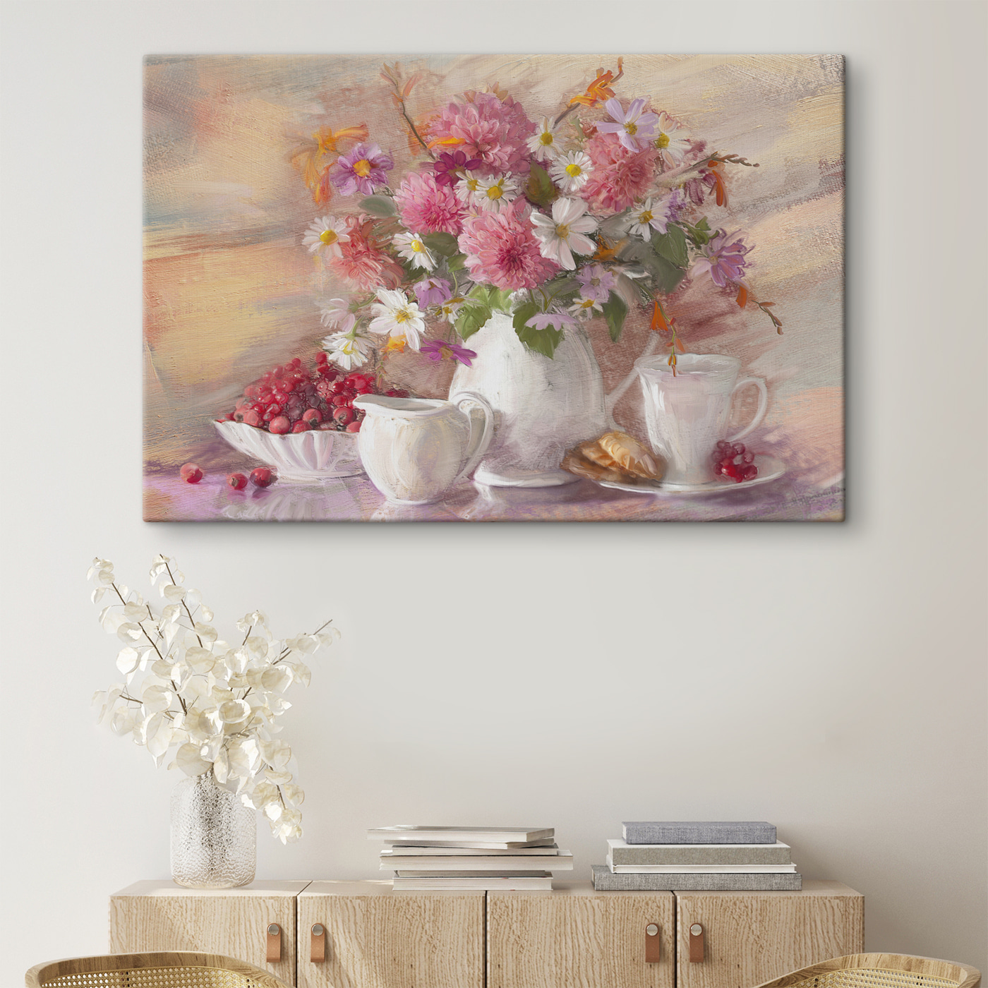 A painting of flowers in a vase and a bowl of food A painting of flowers in a vase and a bowl of food