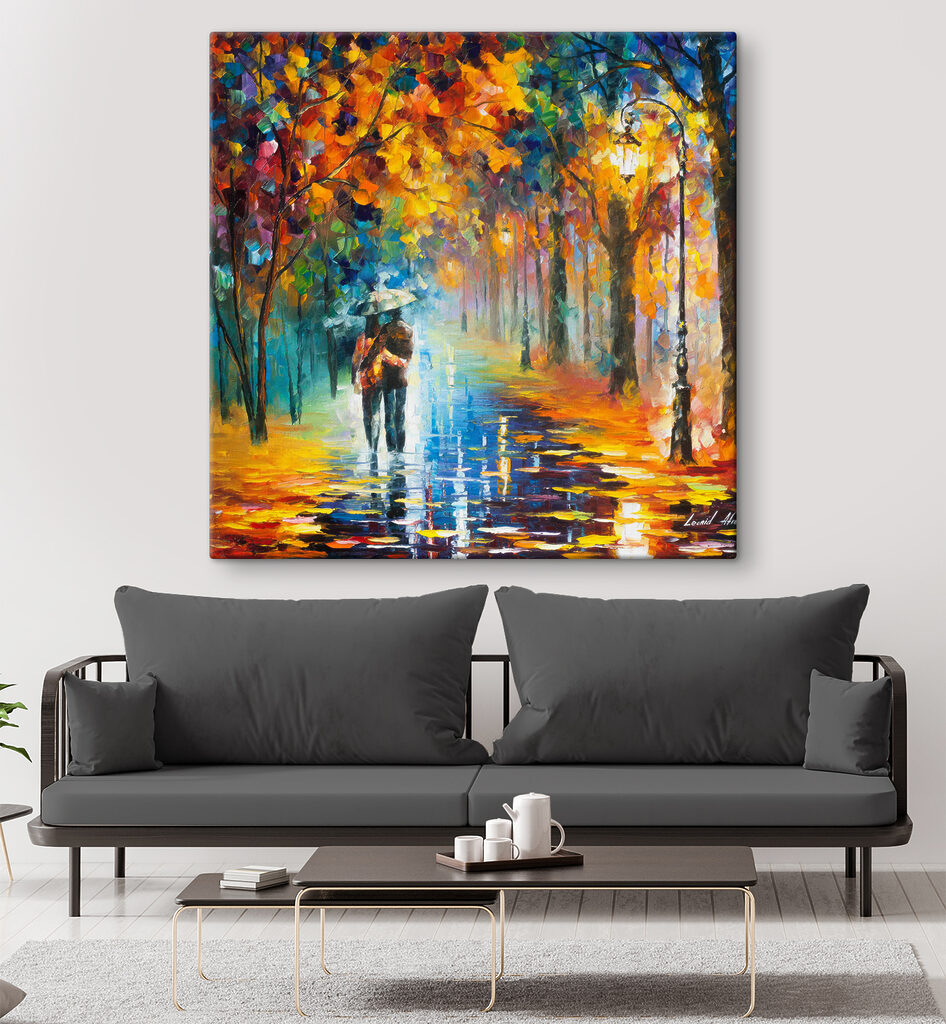 A painting of a couple walking in a park with trees and a lamp post A painting of a couple walking in a park with trees and a lamp post