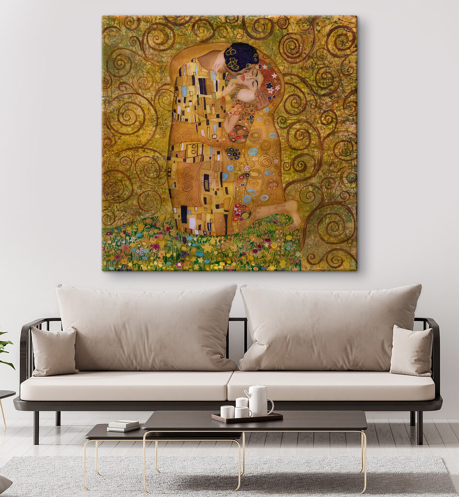 A painting of a man and woman kissing