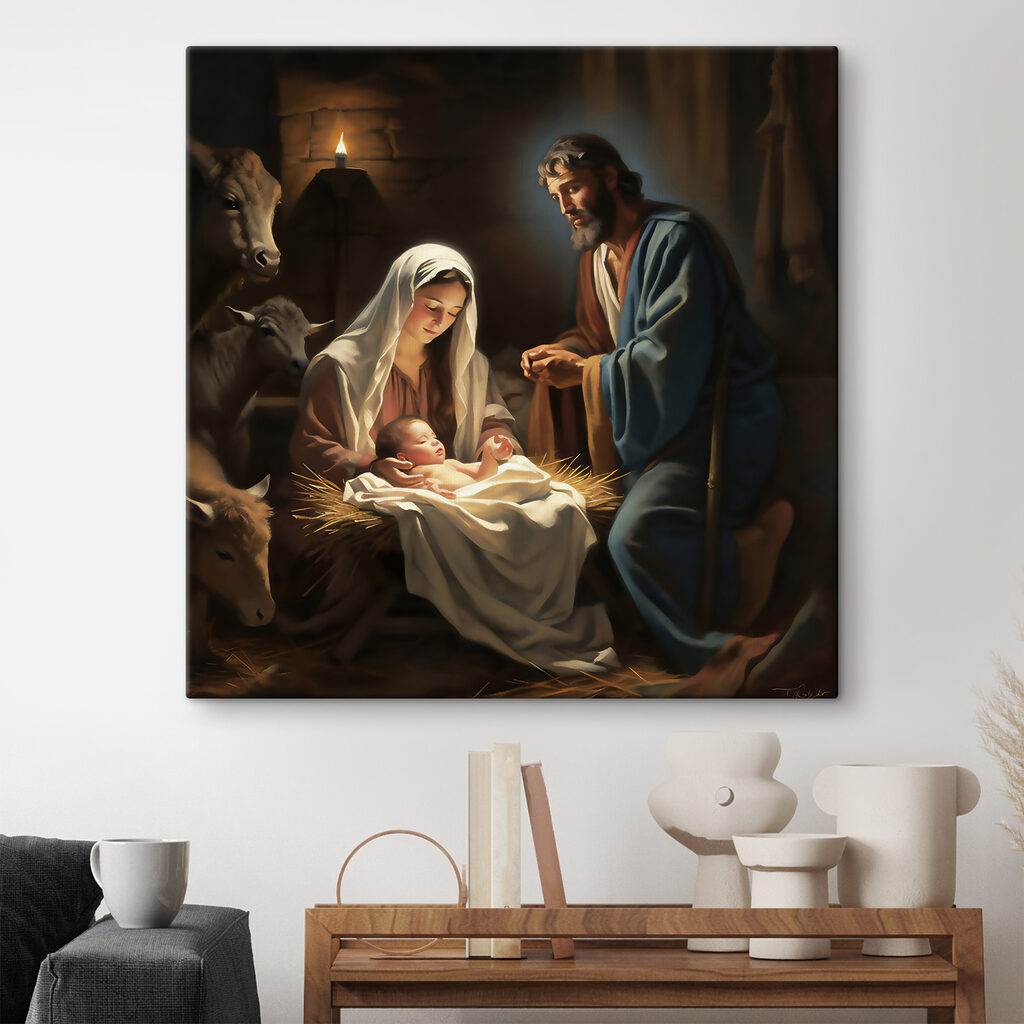 A painting of a man and woman in a manger with animals around