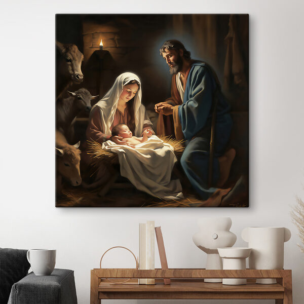 A painting of a man and woman in a manger with animals around