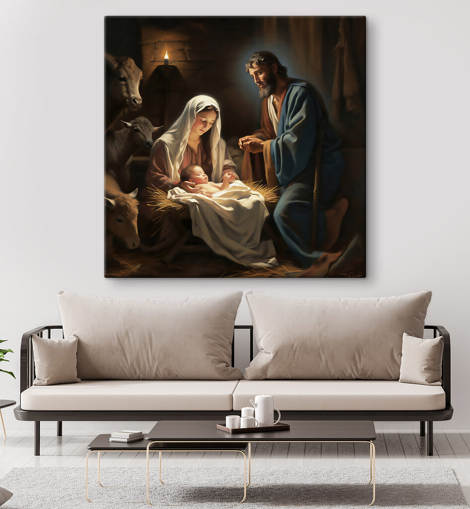 A painting of a man and woman in a manger with animals around