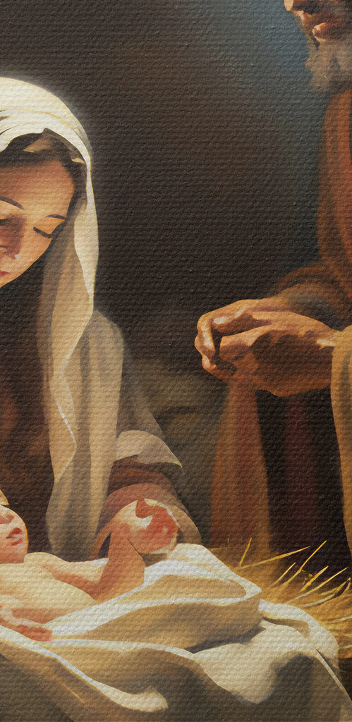 A painting of a man and woman in a manger with animals around