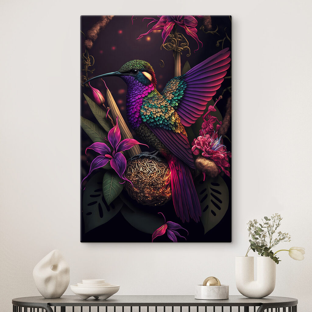 A colorful bird sitting on a ball of flowers