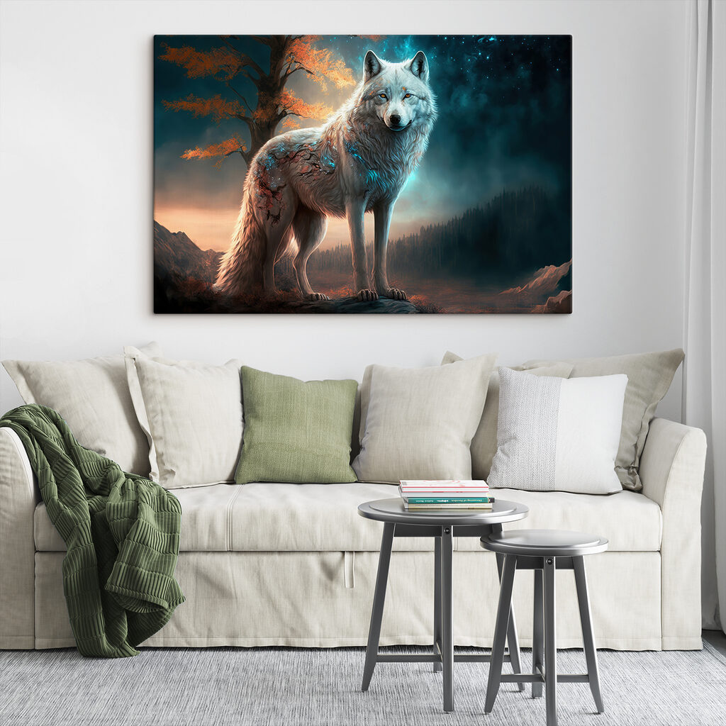 A white wolf standing on a rock