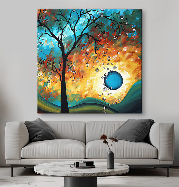 A painting of a tree and a sunset
