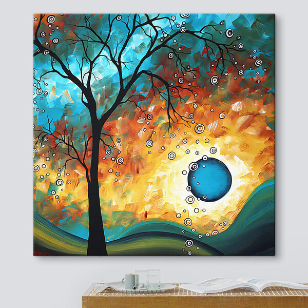 A painting of a tree and a sunset