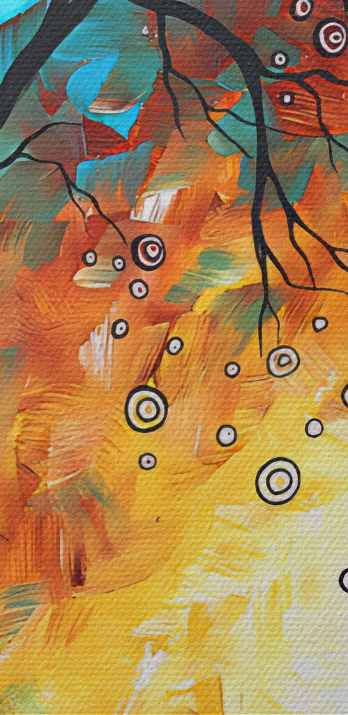 A painting of a tree and a sunset