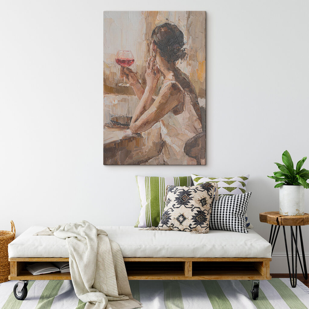 A painting of a woman holding a glass of wine