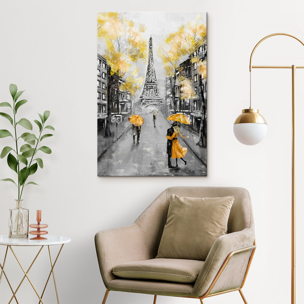 A painting of a street with people walking under an umbrella