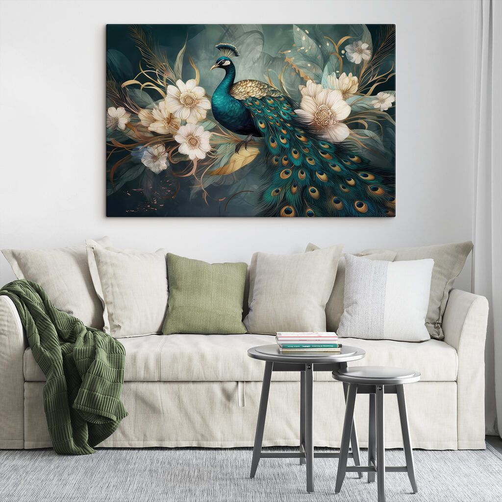 A peacock sitting on a branch with flowers A peacock sitting on a branch with flowers