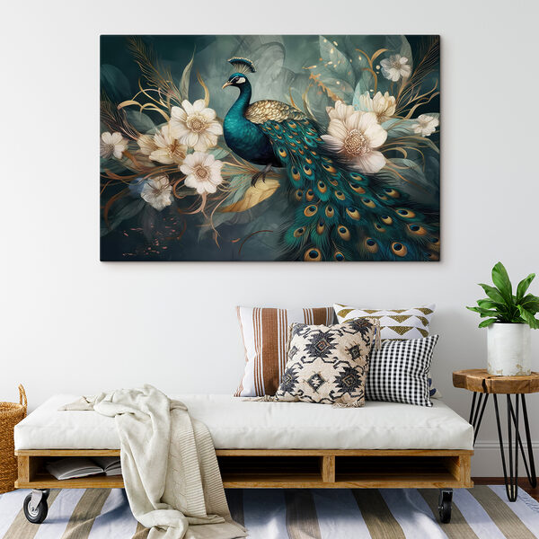 A peacock sitting on a branch with flowers A peacock sitting on a branch with flowers